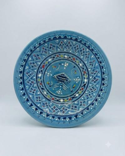 Hand-Painted Tunisian Ceramic Deep Serving Plate - Blue Geometric & Traditional Motifs